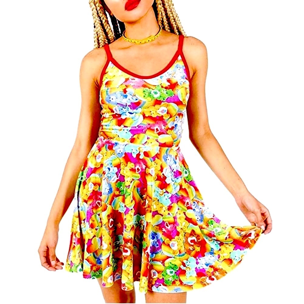 IRON FIST Care Bears Lotsa Rainbows red velvet strap microfleece dress - Picture 11 of 12